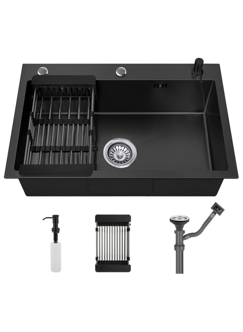 واي دي حوض مطبخ ستانلس ستيل تركيب علوي 60 × 45 × 20 سم، حوض مفرد بفتحات 3، مع مصفاة تصريف وموزع صابون، لون أسود مطفي - Image 1